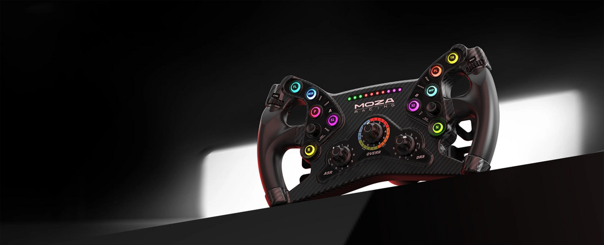 Original MOZA KS wheel with three central rotary encoders and illuminated buttons